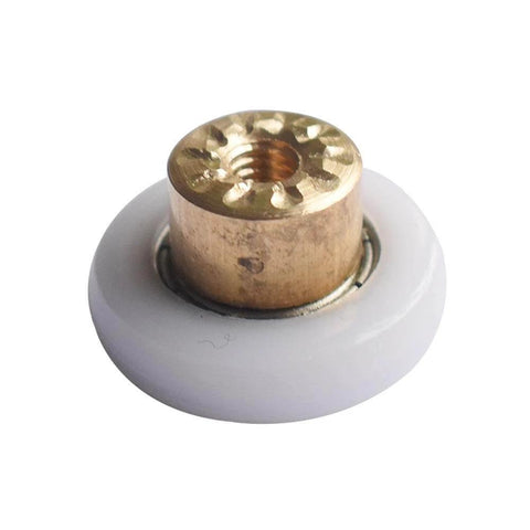 Close-up of a 19mm Shower Door Roller with brass center, shown for replacement in glass sliding shower doors, part of a 4PCS set.
