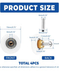 19mm Shower Door Rollers Replacement Set with 304 stainless steel runners, showing front and back dimensions, pack of 4 pieces.