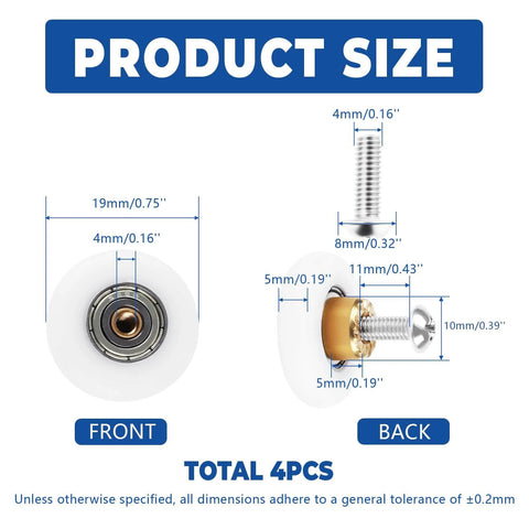 19mm Shower Door Rollers Replacement Set with 304 stainless steel runners, showing front and back dimensions, pack of 4 pieces.
