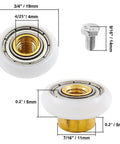 Close-up of 4PCS Shower Door Roller Runners 19mm Sliding Replacement Wheels showing dimensions and materials like POM and copper.