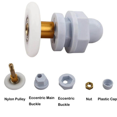 4PCS 19mm shower door rollers replacement with copper rod pulley, nylon runners, disassembled view showing components.