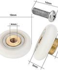 Set of 4 shower door wheels rollers with 19mm diameter and 5mm thickness, stainless steel screws, close-up view