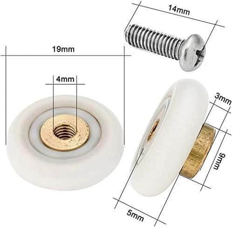 Set of 4 shower door wheels rollers with 19mm diameter and 5mm thickness, stainless steel screws, close-up view