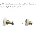 19mm diameter rollers with brass hubs and stainless steel screws, suitable for track systems as shown in image.