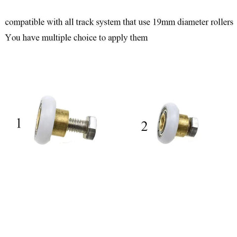 19mm diameter rollers with brass hubs and stainless steel screws, suitable for track systems as shown in image.