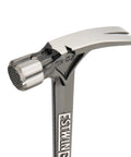 Close-up of USA-made 19 oz rip claw framing hammer with milled face and shock reduction grip, showing magnetic nail starter and forged steel construction.