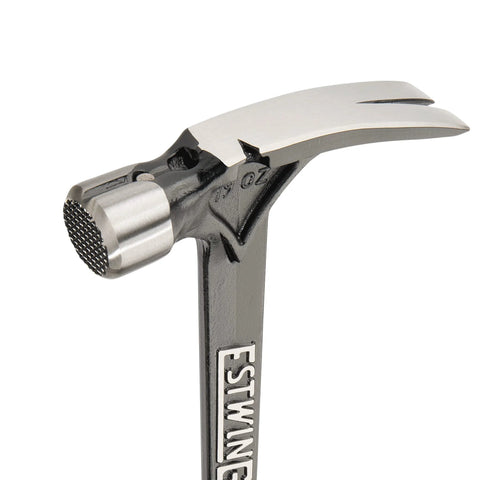 Close-up of USA-made 19 oz rip claw framing hammer with milled face and shock reduction grip, showing magnetic nail starter and forged steel construction.