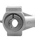 Front view of UEWTPL206-20MZ20W 1-1/4 in Wide Slot Take-Up Single-Row Ball Bearing with Kanigen Plated Insert shown in white polymer housing.