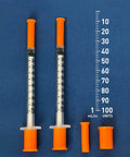 1cc Syringes With 31G Needle 5/16 Inch 8mm Individually Packaged 36 For Lab Use And Calibration with orange caps on blue background