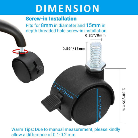 Dimensions of 4pcs 1 Inch Swivel Caster Wheels, M8 Threaded Stem Caster Wheels with Brake, Heavy Duty Casters for Furniture
