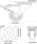 Technical drawing of 1 Inch Small Caster Wheels With 4 Brakes And Screws, 90 Lb Load Capacity for furniture, set of 4.
