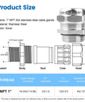 Diagram of Built Tough 1 Inch NPT Stainless Steel Waterproof Cable Gland with IP68 Rating and dimensions.