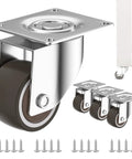 Low Profile 1 Inch Caster Wheels Set Of 4 For Small Furniture No Noise Premium Rubber Casters With 360 Degree Top Plate And 304 Stainless Steel Screws Included Durable Quiet Non Slip; image showing the full caster wheels set with screws, featuring a close-up of a wheel next to smaller images, highlighting stainless steel plate.