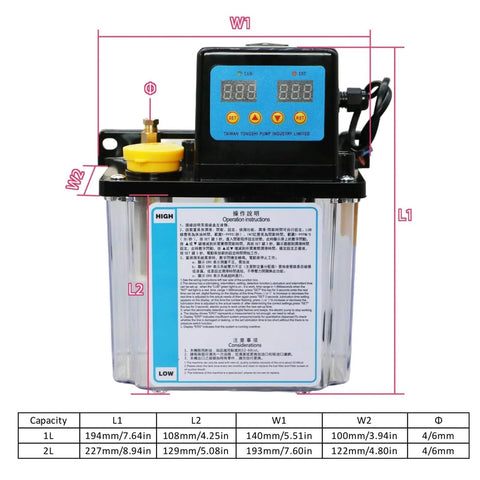 CNC Lubrication Pump System Kit For Milling Machines 1L Or 2L Capacity Dual Voltage 110V 220V front view with dimensions chart