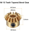 Close-up of a metal bevel gear, 1M 15 teeth, with 4mm hole, showing dimensions. Bevel Gear Set 2pc 0.8 Module 1 To 1 Reduction 15 Teeth Gear 4mm Hole 45 Degree.