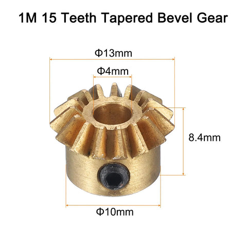 Close-up of a metal bevel gear, 1M 15 teeth, with 4mm hole, showing dimensions. Bevel Gear Set 2pc 0.8 Module 1 To 1 Reduction 15 Teeth Gear 4mm Hole 45 Degree.