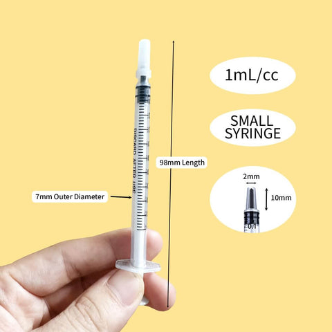 Hand holding a 1ml syringe with cap, labeled dimensions, for 50 Pack 1ml Sterile Syringes With Caps Individually Wrapped For Safe Liquid Dosing Medicine Colostrum And Pet Liquids