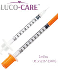 1 mL Syringes 31G 8mm Orange Cap 100 Count Box For Precise Dosing With Smooth Plunger And Clear Scale image showing two syringes.