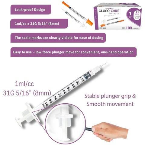 1 mL Syringes 31G 8mm Orange Cap 100 Count Box for precise dosing with smooth plunger and clear scale shown in use