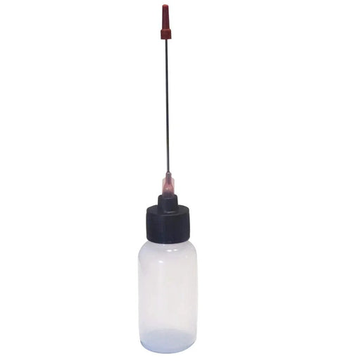 Five Pack Of Medical Grade 1 Oz Boston Round Bottles With Extra Long 2 Inch Stainless Needle Applicator For Gun Oils And Precision Lubricants Liberty Products Great For Gun Maintenance And Lubricants Easy Dispense With LDPE Boston Round Bottles close-up with needle