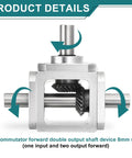 1:1 right angle bevel gearbox, aluminum frame, dual 10mm shaft, 20 teeth, showing power redirection and dual output design