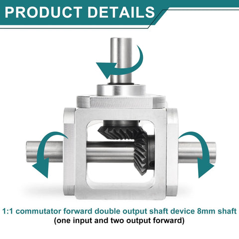 1:1 right angle bevel gearbox, aluminum frame, dual 10mm shaft, 20 teeth, showing power redirection and dual output design