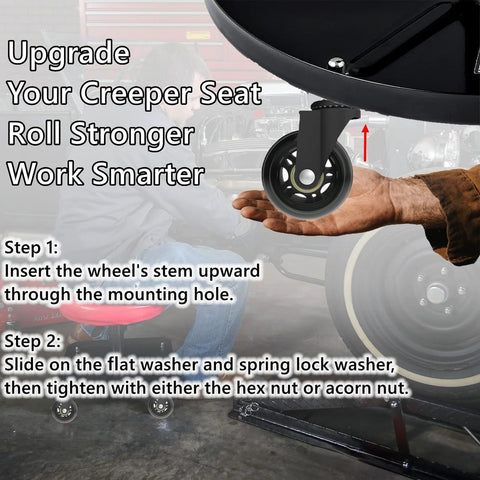 Hand installing 2.5 Inch Caster Wheels Set Of 6 For Creeper And Mechanic Stool Heavy Duty Rubber Rolling Casters With 360 Degree Silent Rotation
