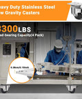2.5 inch heavy duty stainless steel low profile caster wheels made from SUS 304 on industrial equipment, 3300 lbs load capacity, 4 pack.