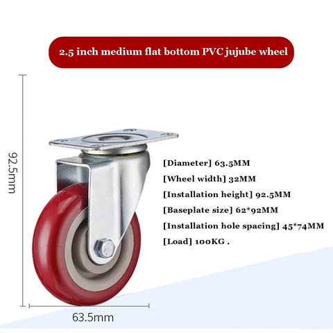 2.5 inch medium flat bottom PVC jujube wheel, 63.5mm diameter, with steel bracket and top plate in side view.