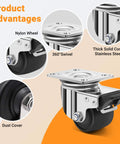 2.5 inch heavy duty stainless steel low profile caster wheels made from SUS 304, industrial grade casters with brakes in a 4 pack with nylon wheel and dust cover.
