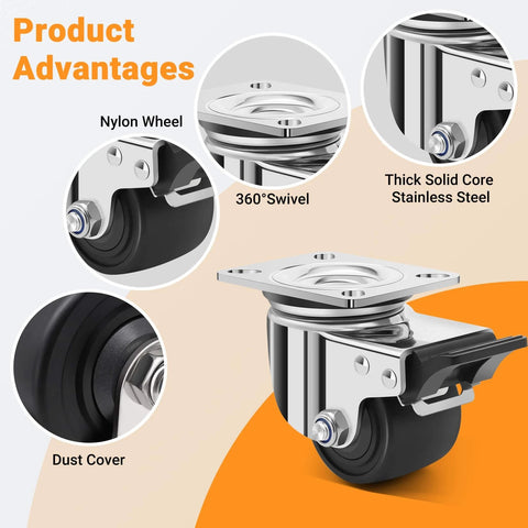 2.5 inch heavy duty stainless steel low profile caster wheels made from SUS 304, industrial grade casters with brakes in a 4 pack with nylon wheel and dust cover.
