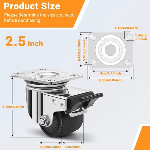 Product size diagram for 2.5 inch heavy duty stainless steel low profile caster wheels made from SUS 304.