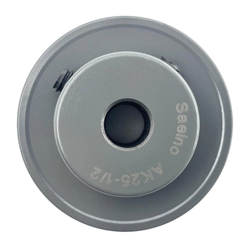 Front view of Two And A Half Inch Outer Diameter One Groove V Belt Pulley For A 3L And 4L Belts Cast Iron Sheave With One Half Inch Bore AK2512
