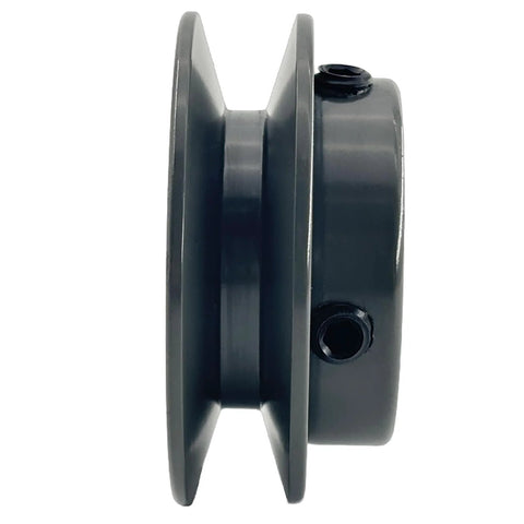 Side view of a Two And A Half Inch Outer Diameter One Groove V Belt Pulley For A 3L And 4L Belts Cast Iron Sheave With One Half Inch Bore AK2512 Pulley Static Balanced And Rust Resistant Finish Beefy Built To Last.