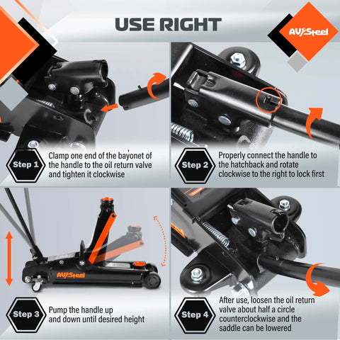 4-step usage instructions for 2.5 Ton Floor Jack For Cars With Low Profile Design AV Heavy Duty Steel Hydraulic Floor Jack With Single Piston Pump