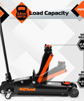 Side view of 2.5 Ton Floor Jack For Cars With Low Profile Design AV Heavy Duty Steel Hydraulic Floor Jack With Single Piston Pump Lifting Range 3.4 To 14.6 Inches Overload Protection Valve Durable Vehicle Lift highlighting lifting range.