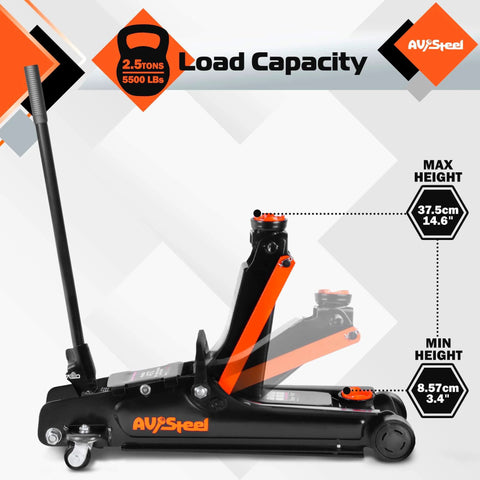 Side view of 2.5 Ton Floor Jack For Cars With Low Profile Design AV Heavy Duty Steel Hydraulic Floor Jack With Single Piston Pump Lifting Range 3.4 To 14.6 Inches Overload Protection Valve Durable Vehicle Lift highlighting lifting range.