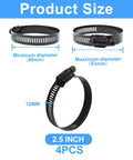2.5 Inch Stainless Steel Worm Gear Hose Clamp Set of 4, black, showing minimum and maximum diameter range 40-63mm