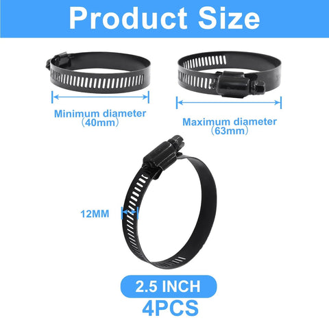 2.5 Inch Stainless Steel Worm Gear Hose Clamp Set of 4, black, showing minimum and maximum diameter range 40-63mm