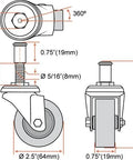 Technical diagram of 2.5 Inch Heavy Duty Swivel Caster Wheels 4 Pack with dimensions and threaded mount, for creeper carts and service furniture.