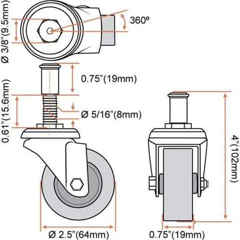 Technical diagram of 2.5 Inch Heavy Duty Swivel Caster Wheels 4 Pack with dimensions and threaded mount, for creeper carts and service furniture.
