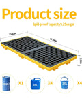 2 Drum Modular Spill Containment Pallet With 2000 Lbs Capacity, Leakproof Stackable Industrial Tray, shown with dimensions and drums