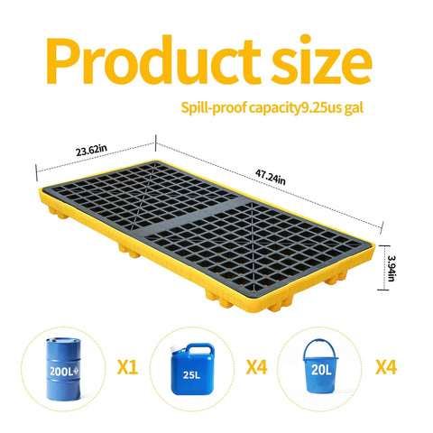 2 Drum Modular Spill Containment Pallet With 2000 Lbs Capacity, Leakproof Stackable Industrial Tray, shown with dimensions and drums