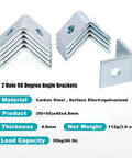 Ten sturdy L shaped 90 degree brackets with two holes securely support 1-5/8 inch wide strut channels with 1/2 inch bolts, 3/16 inch thick electrogalvanized steel shown stacked and single, indicating material and dimension details, useful for corrosion-resistant metal framing.