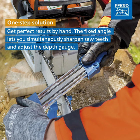 Handheld use of 2 In 1 Chainsaw Sharpener And Depth Gauge For Three Eighths Low Profile Chains With A Five Thirty-Second Inch File