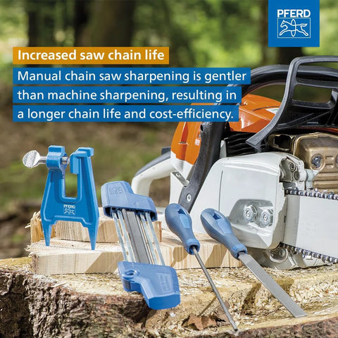 2 In 1 Chainsaw Sharpener And Depth Gauge For Three Eighths Low Profile Chains With A Five Thirty-Second Inch File next to chainsaw