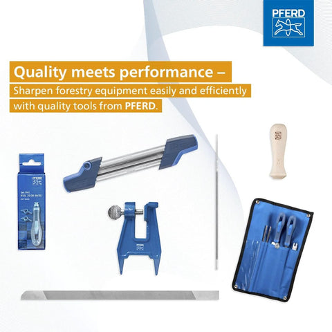 PFERD chainsaw sharpening tools kit including 2 in 1 chainsaw sharpener, depth gauge, and files for efficient forestry tool maintenance.