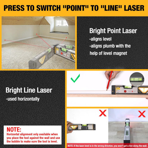 Versatile 2-in-1 laser level blends a 12 inch spirit level with a bright red laser, magnetic base, demonstrating alignment use