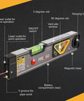 Versatile 2-in-1 laser level blends a 12 inch spirit level with a bright red laser, magnetic base, showing features and labels.