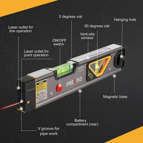 Versatile 2-in-1 laser level blends a 12 inch spirit level with a bright red laser, magnetic base, showing features and labels.
